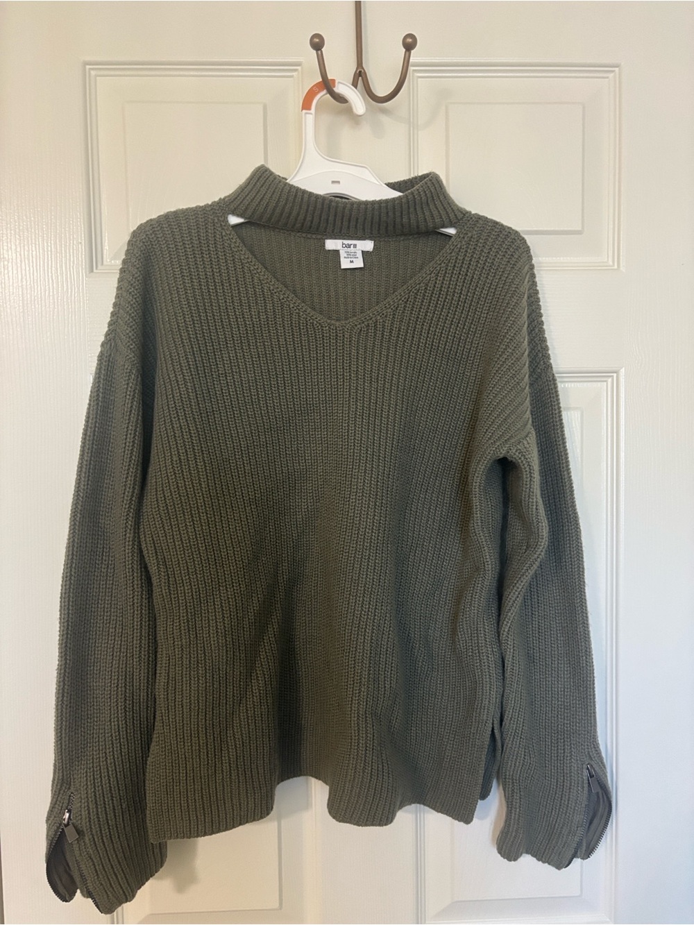 Bar III Olive Green Ribbed V-Neck Sweater with Mock Cowl